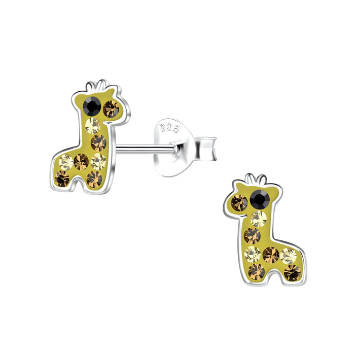 Joy|S - Zilveren baby giraf - 7 x 9 mm - oker bruin - kristal - kinderoorbellen giraffe