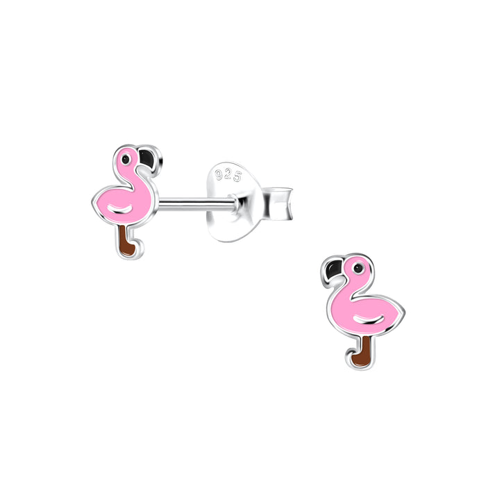 Joy|S - Zilveren baby flamingo oorbellen - 5 x 6 mm - roze - oorknoppen - kinderoorbellen