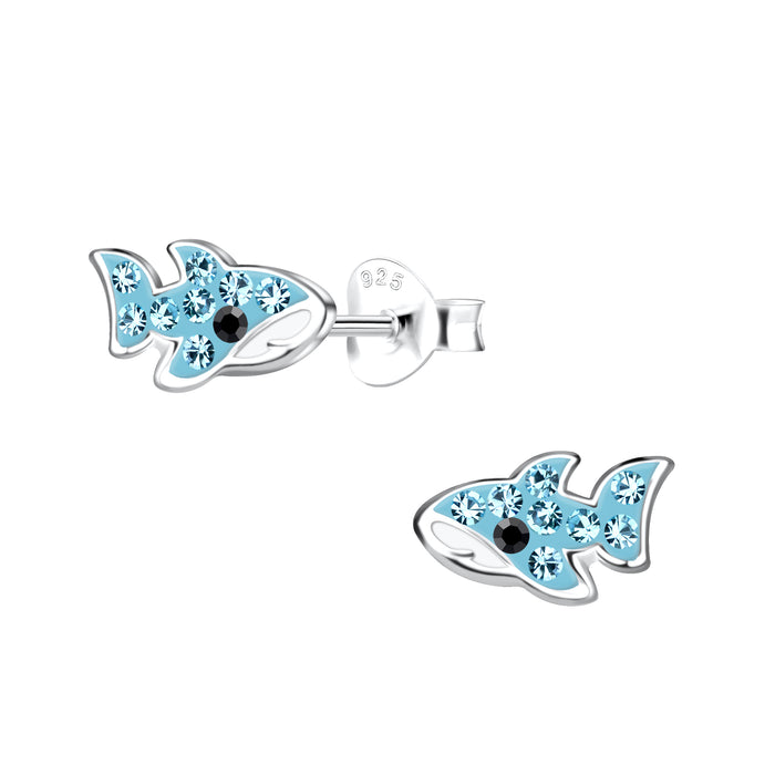 Joy|S - Zilveren haai oorbellen - 9 x 6 mm - blauw met blauw kristal - kinderoorbellen - vis