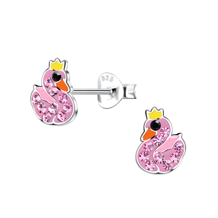 Joy|S - Zilveren zwaan oorbellen - roze met roze kristal en een geel kroontje - 6 x 8 mm - kinderoorbellen