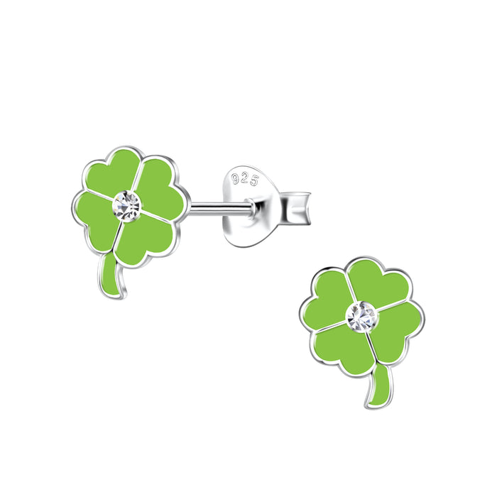 Joy|S - Zilveren klaver oorbellen - 6 x 8 mm - groen - klavertje vier oorknoppen - kristal - kinderoorbellen