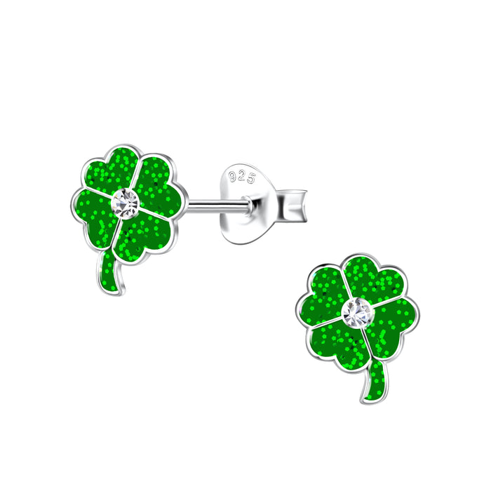 Joy|S - Zilveren klaver oorbellen - 6 x 8 mm - groen met glitter - klavertje vier oorknoppen - kristal - kinderoorbellen