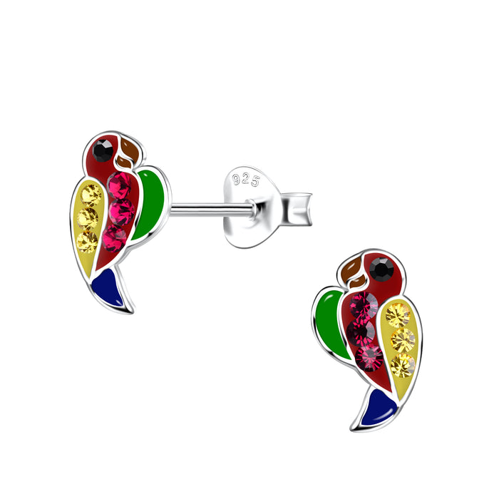 Joy|S - Zilveren papegaai oorbellen - 6 x 10 mm - kristal - vogel oorknoppen - kinderoorbellen
