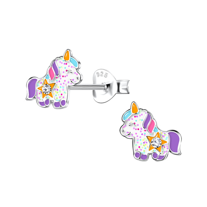 Joy|S - Zilveren baby eenhoorn oorbellen - 9 x 7 mm - wit paars met oranje ster - kristal - unicorn oorknoppen - kinderoorbellen