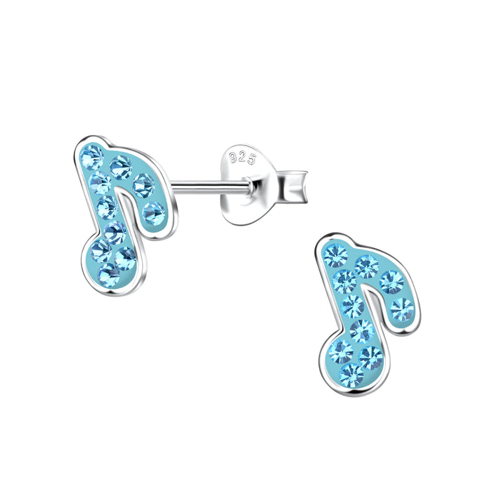 Joy|S - Zilveren muzieknoot oorbellen - 7 x 9 mm - blauw kristal - muziek noot oorknoppen
