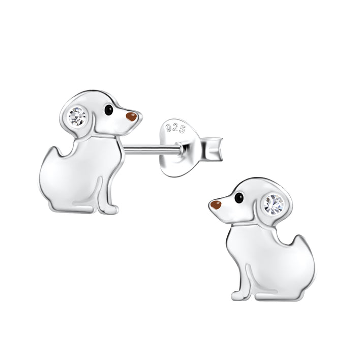 Joy|S - Zilveren hond oorbellen - zilver met bruin neusje - 7 x 9 mm - kristal - sterling zilver 925