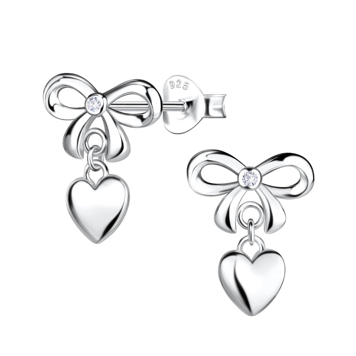 Joy|S - Zilveren strikje met hartje bedel oorbellen - zilver - 13 x 16.5 mm - massief - gepolijst - zirkonia - sterling zilver 925
