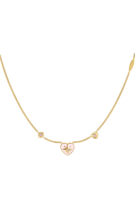 Joy Ibiza - hartjes ketting - roze emaille hartjes - lobster sluiting - collier party boho - bohemian style - stainless steel - ip/pvd goldplated