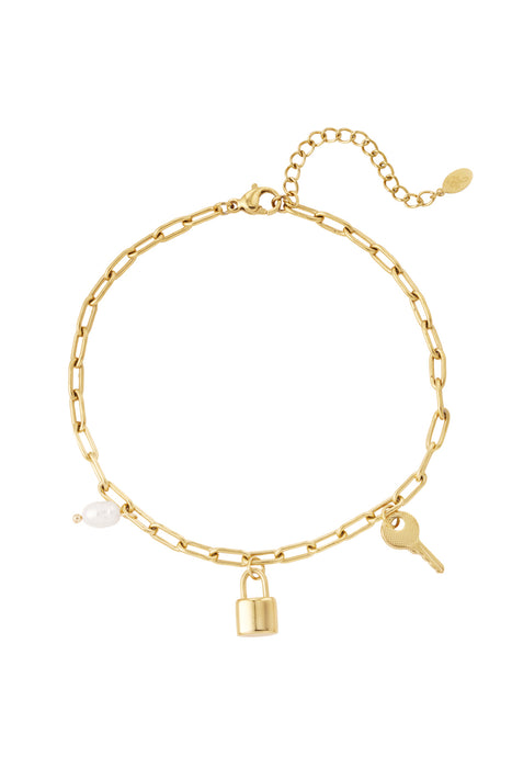 Joy Ibiza - enkelbandje - sleutel slotje parel bedeltjes - lobster sluiting - paperclip schakel - enkel party boho - bohemian style - stainless steel - ip/pvd goldplated