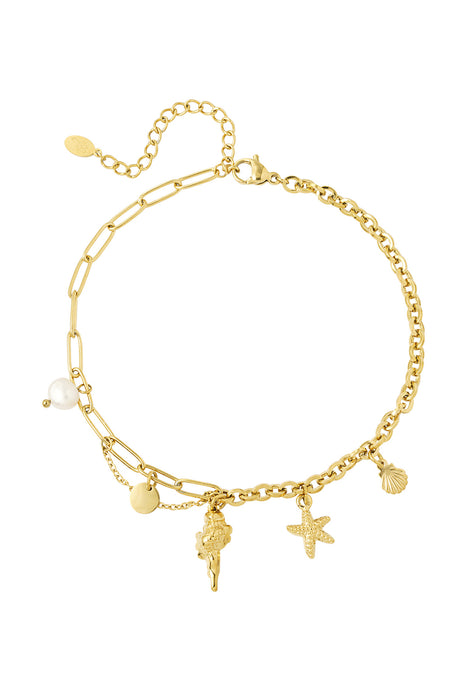 Joy Ibiza - enkelbandje - schelp zeester coin parel bedeltjes - lobster sluiting - paperclip schakel met een kettinkje - enkel party boho - bohemian style - stainless steel - ip/pvd goldplated