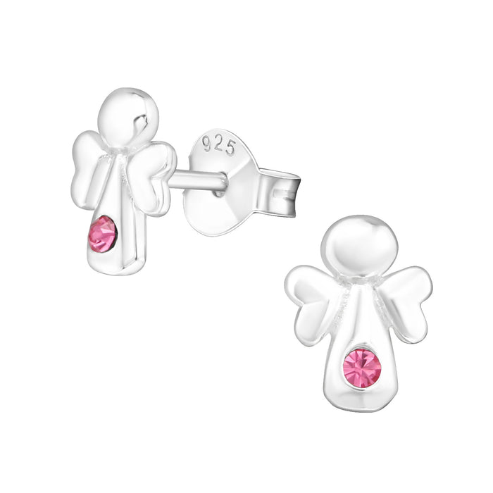 Joy|S - Zilveren engel oorbellen - kristal roze - 5 x 8 mm - kerst kinderoorbellen