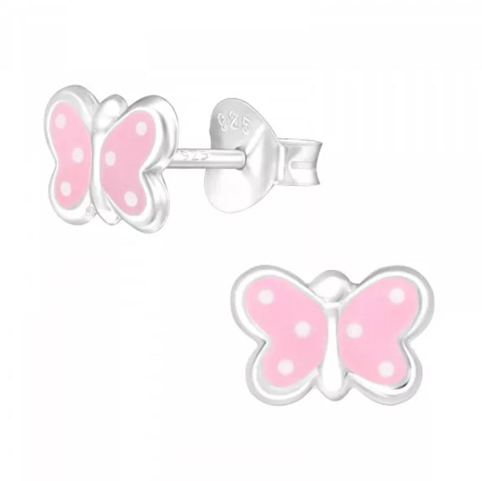 Joy|S - Zilveren vlinder oorbellen roze 8 mm roze met witte stipjes
