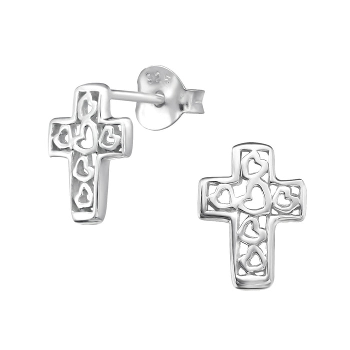 Joy|S - Zilveren kruis oorbellen met hartjes - 7 x 10 mm - oorknoppen