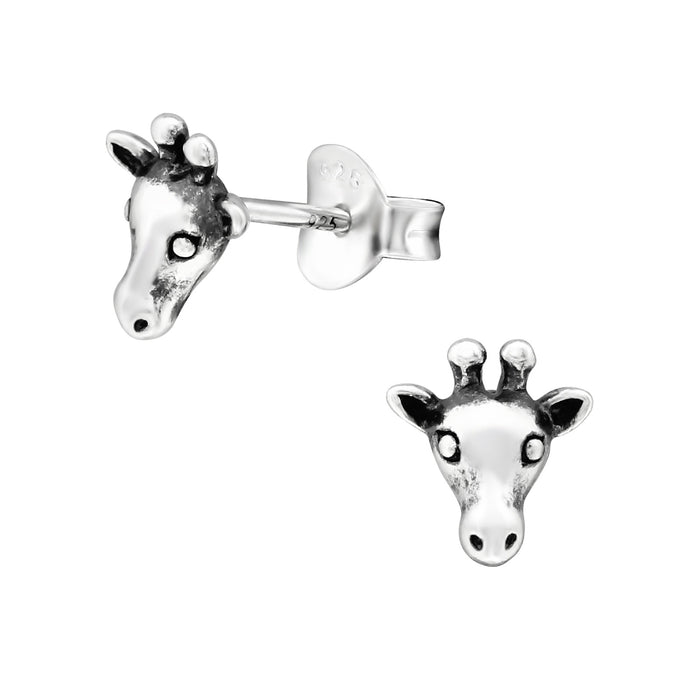 Joy|S - Zilveren giraf oorbellen - oorknopjes - geoxideerd - giraffe kop / snuitje - 7 mm - kinderoorbellen