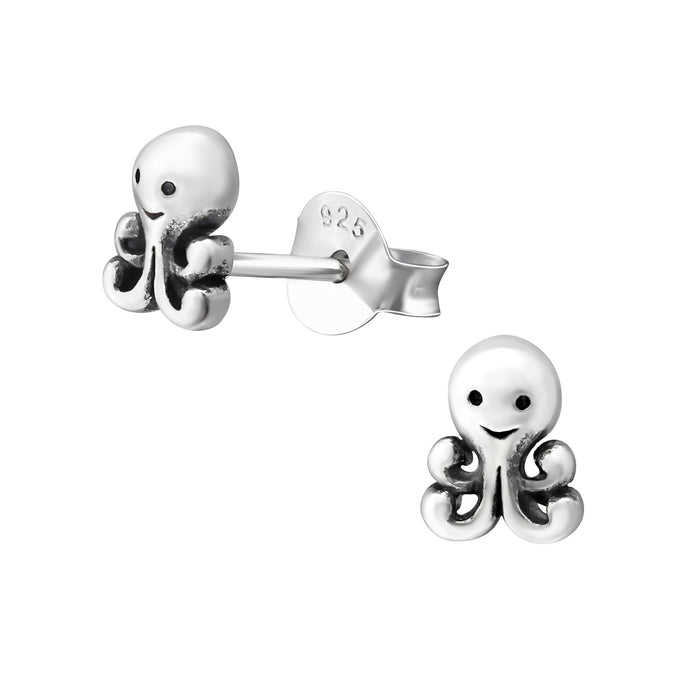 Joy|S - Zilveren octopus oorbellen - 5 x 6 mm oorknopjes massief - inktvis - geoxideerd - kinderoorbellen