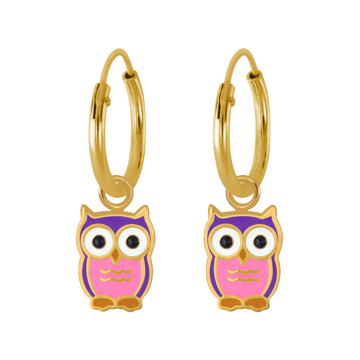 Joy|S - Zilveren uil bedel oorbellen - oorringen - roze paarse uil - goudplating