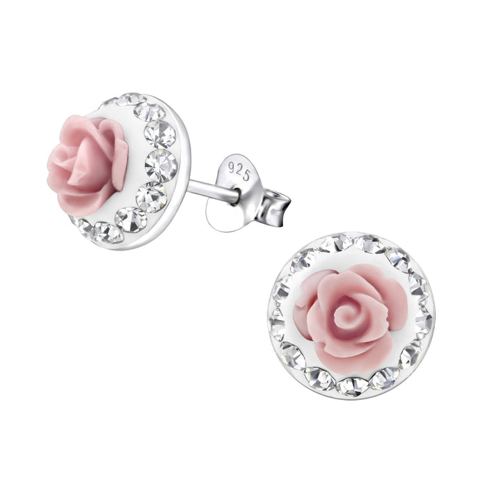 Joy|S - Zilveren roos oorbellen - 9 mm - roze roosje met kristal - bloem oorknoppen