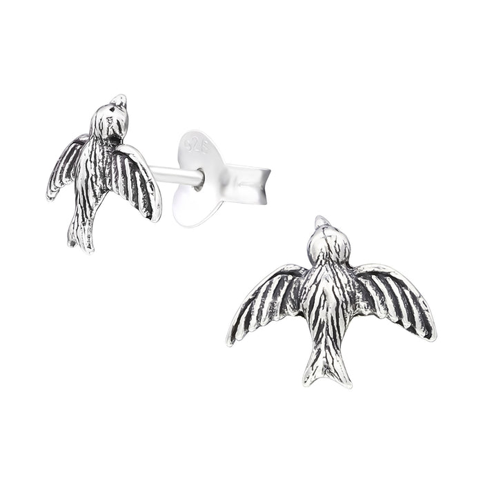 Joy|S - Zilveren vogel oorbellen - 9 x 7 mm - zwaluw oorknoppen - geoxideerd