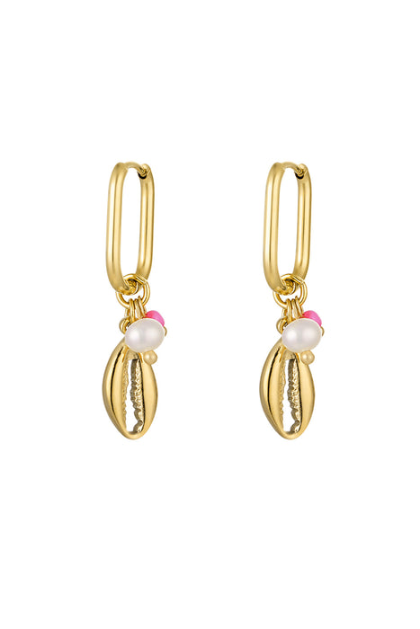 Joy Ibiza - schelp bedel oorbellen - ovale oorringen - roze en wit kraaltje - klap scharnier - ear party boho - bohemian style - stainless steel - ip/pvd goldplated