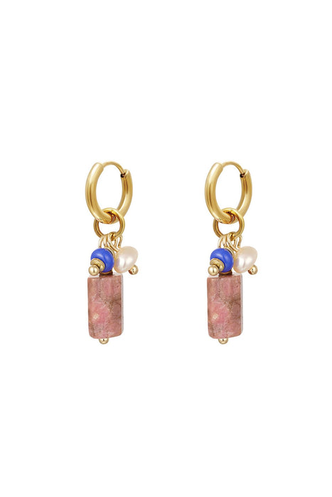 Joy Ibiza - hematiet bedel oorbellen - oorringen met bar / staaf hangertje - blauw en wit kraaltje - klap scharnier - ear party boho - bohemian style - stainless steel - ip/pvd goldplated