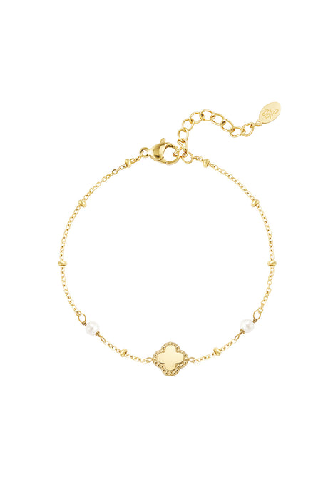 Joy Ibiza - klaver armband - cleef clover - 2 parels - bohemian style - stainless steel - ip/pvd goldplated