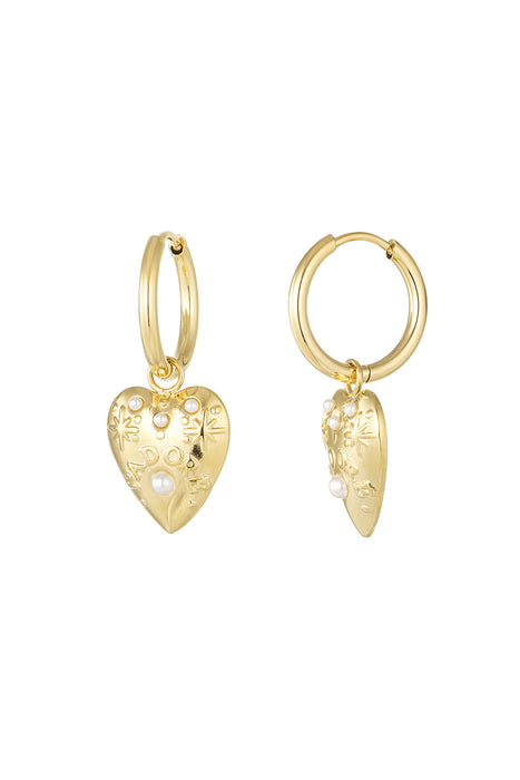 Joy Ibiza - hartje oorbellen - hartje bedel oorringen bewerkt met pareltjes - klap scharnier sluiting - ear party boho - bohemian style - stainless steel - ip/pvd goldplated