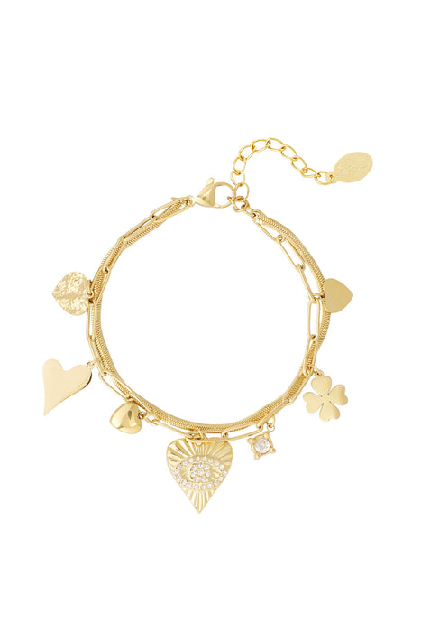 Joy Ibiza - hartje armband - dubbel layer - hartjes en klaver - evil eye / boze oog - bohemian style - stainless steel - ip/pvd goldplated