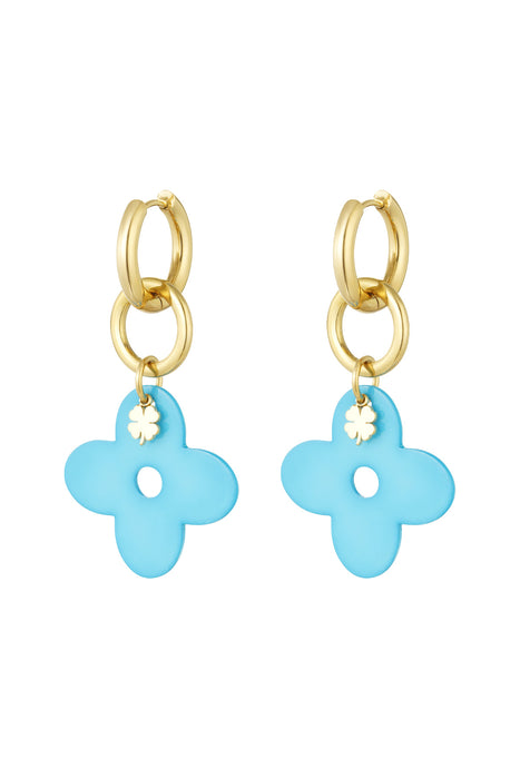 Joy Ibiza - Klaver bedel oorbellen - oorringen met 2 klavers - turquoise blauw - klap scharnier - ear party boho - bohemian bloem - stainless steel - ip/pvd goldplated