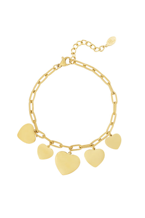 Joy Ibiza - hartjes armband - vijf hartjes bedels - paperclip schakel - lobster sluiting - armband party boho - bohemian style - stainless steel - ip/pvd goldplated