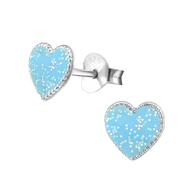 Joy|S - Zilveren hartje oorbellen - 7 mm - blauw met glitter