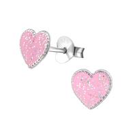Joy|S - Zilveren hartje oorbellen - 7 mm - roze met glitter