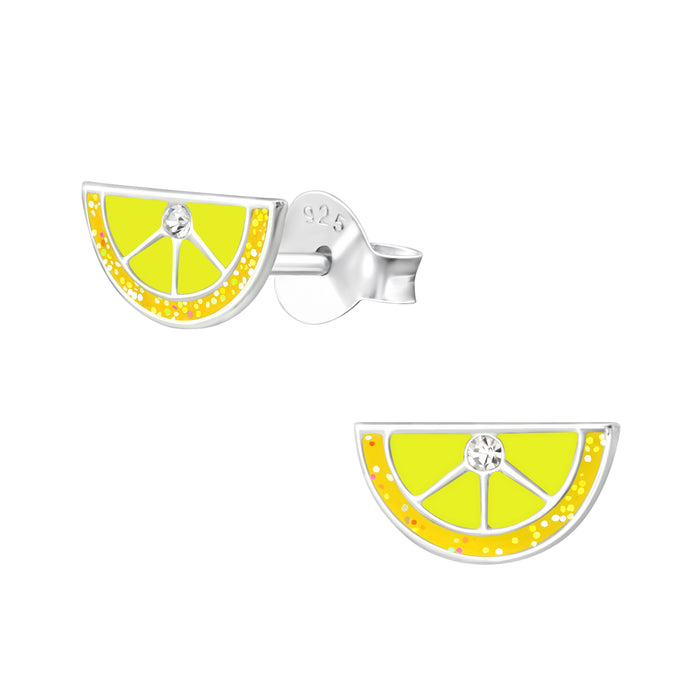 Joy|S - Zilveren citroen oorbellen - lime oorknoppen - 8 x 4 - geel met glittertjes - limoen