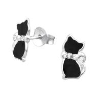 Joy|S - Zilveren kat poes oorbellen - 5 x 10 mm - zwart met kristal
