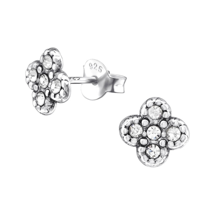 Joy|S - Zilveren Bali bloem oorbellen - 7 mm - geoxideerd - met kristal - oorknoppen