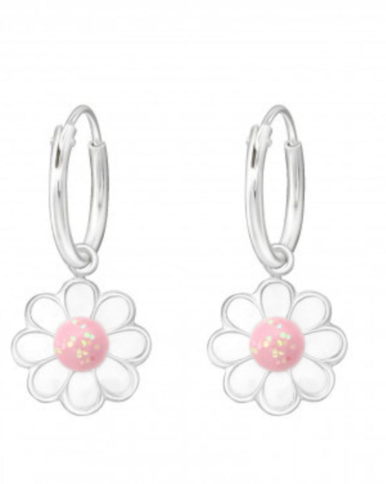 Joy|S - Zilveren madelief bloem bedel oorbellen glitter roze oorringen