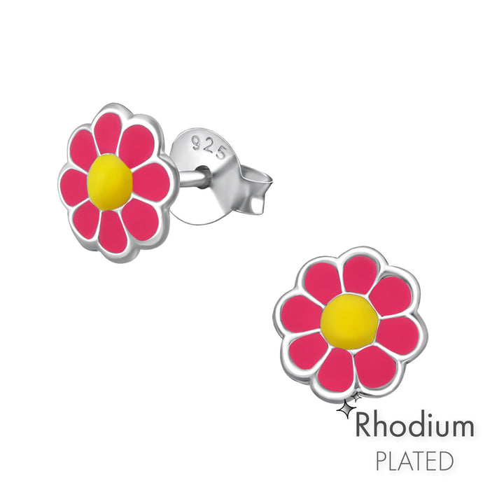 Joy|S - Zilveren bloem oorbellen - madeliefje - 6.8 mm - roze geel - rhodium / gehodineerd - kinderoorbellen