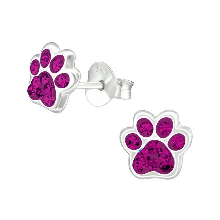 Joy|S - Zilveren kat hond dierenpoot oorbellen - 7 x 6 mm - fuchsia roze kristal - poot afdruk - kinderoorbellen