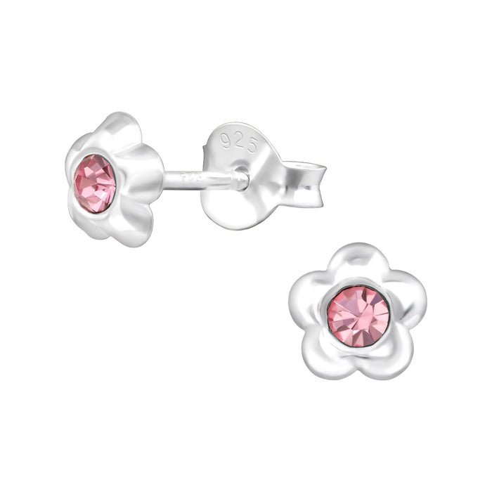 Joy|S - Zilveren bloem oorknopjes 5 mm roze kristal oorbellen