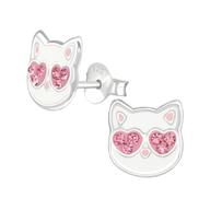 Joy|S - Zilveren kat poes oorbellen - 8 mm - kristal roze hartjes