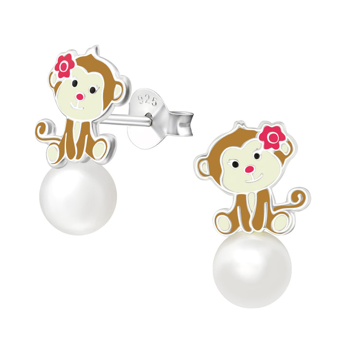 Joy|S - Zilveren aap oorbellen op parel 8 x 15 mm Sterling zilver 925