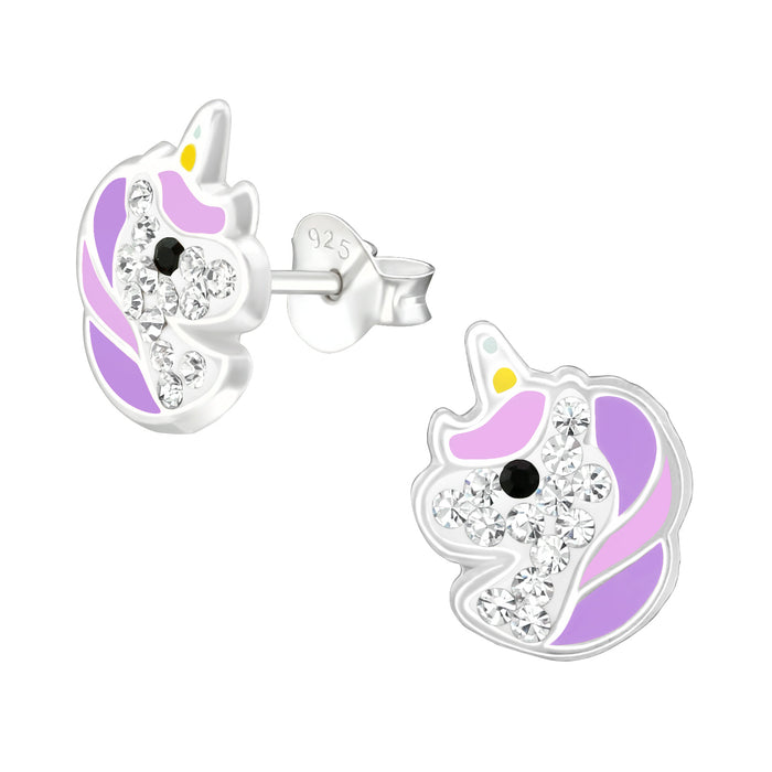Joy|S - Zilveren eenhoorn oorbellen 9 mm paarse unicorn