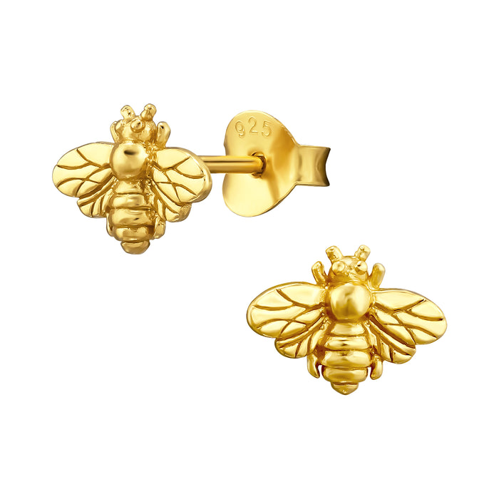 Joy|S - Zilveren Bij oorbellen - 8 x 6 mm - oorknoppen Bijtje - goudplating