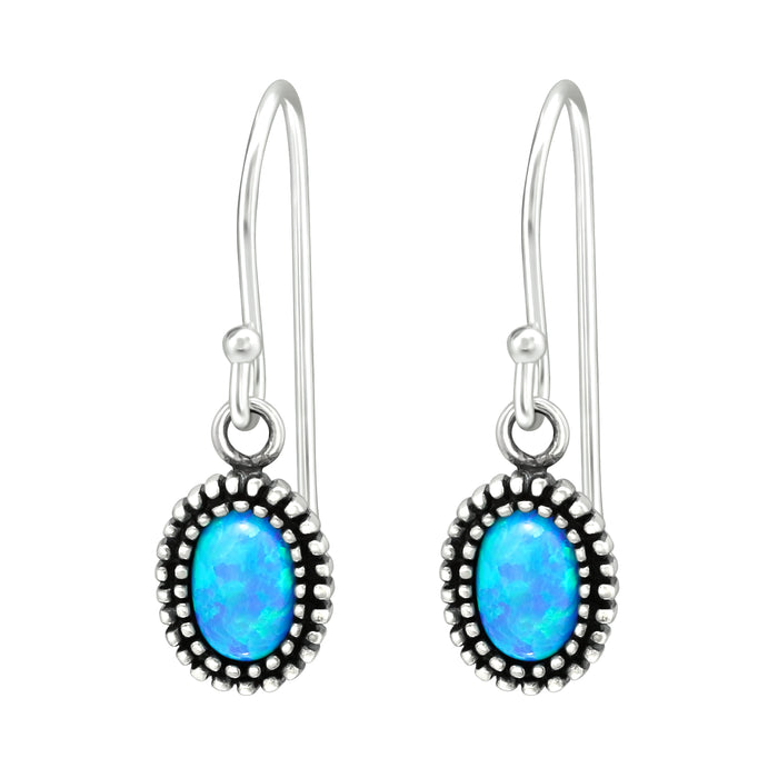 Joy|S - Zilveren ovale bedel oorbellen - oorhangers - ovaal geoxideerd - blauw opaal