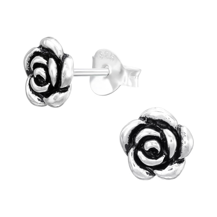 Joy|S - Zilveren Bali roos oorbellen - massief - 7 mm - bloem Bali oorknoppen - geoxideerd