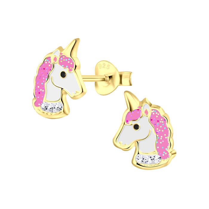 Joy|S - Zilveren eenhoorn oorbellen 8 x 11 mm unicorn - goudplating