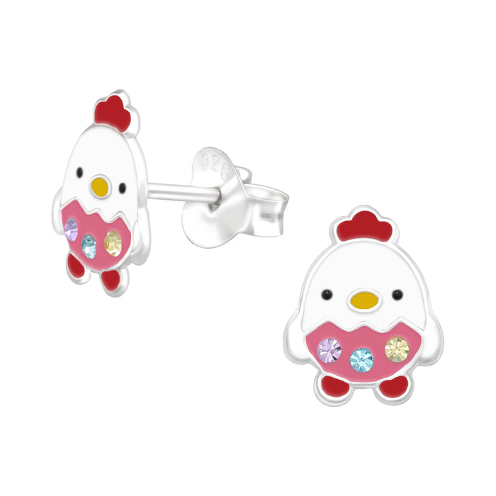 Joy|S - Zilveren kip oorbellen - 7 x 9 mm - kuiken oorknoppen - gekleurd kristal - kinderoorbellen