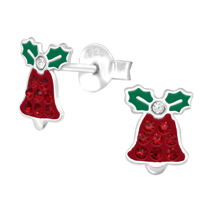 Joy|S - Zilveren kerst oorbellen - kerstklokje - rood met groen - kristal - 6 x 8 mm - klokje kinderoorbellen