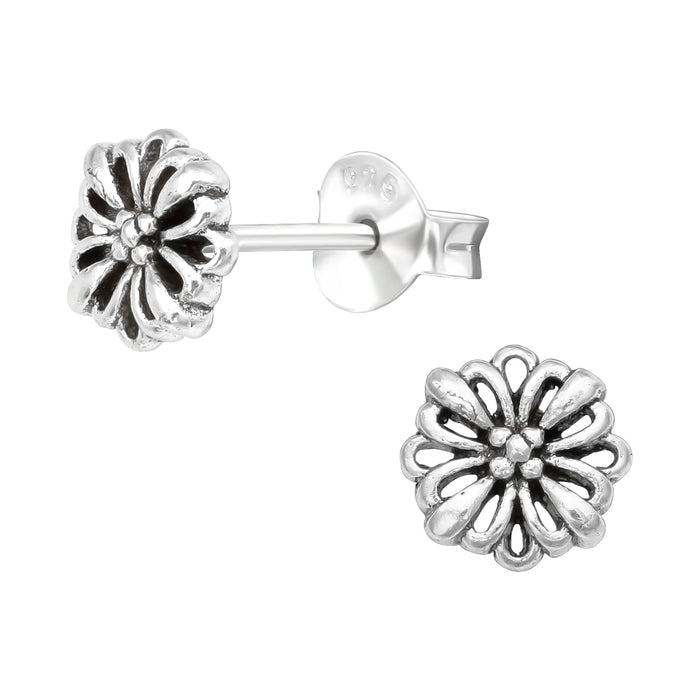 Joy|S - Zilveren Bali bloem oorbellen - 6 mm - oorknopjes - geoxideerd