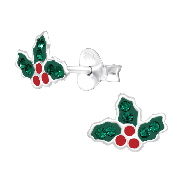 Joy|S - Zilveren kerst oorbellen - hulst takje - 8 x 6 mm - kristal - holly bes kinderoorbellen
