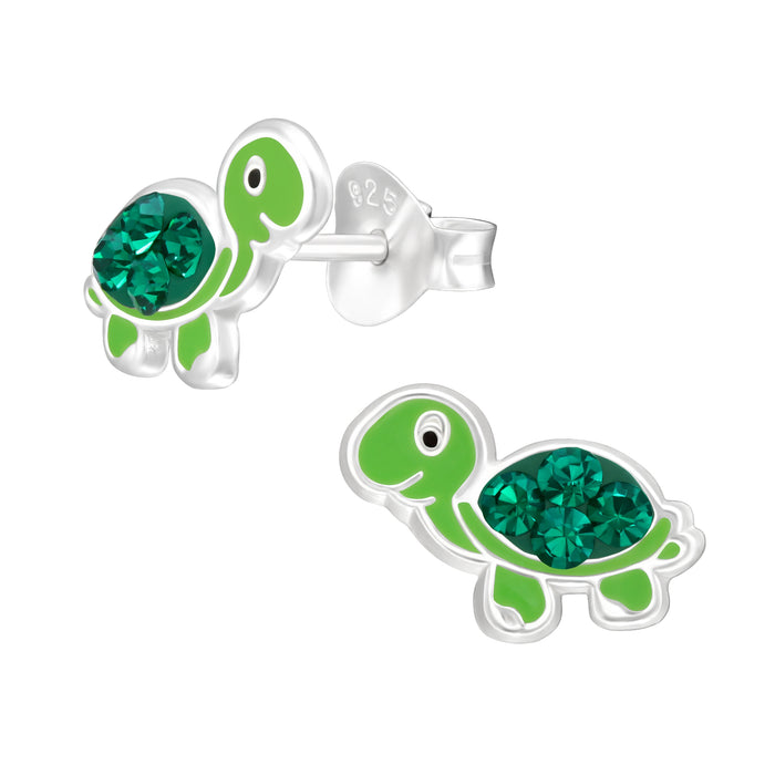 Joy|S - Zilveren baby schildpad oorbellen - 10 x 7 mm - groen met kristal - kinderoorbellen